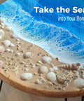Ocean-themed epoxy resin table with seashells and starfish, showcasing the 2 Gallon Epoxy Resin Kit Pro Grade With Pumps 1 To 1 Mix Crystal Clear High Gloss Low Odor No Yellowing Self Leveling For Molds Countertops Tables And DIY Art Crafts Includes Mica Powders For Colorful Results.