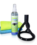 Surveillance camera cleaning kit with CameraShine spray bottle, neon microfiber towels, and a black cleaning tool