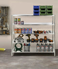 Built Tough Five Tier Stainless Steel Storage Rack Heavy Duty Adjustable Metal Shelving Unit Designed For Heavy Hauls And Home Organization With 330 Pound Capacity Per Shelf Garage Ready Silver Finish filled with tools and bins.