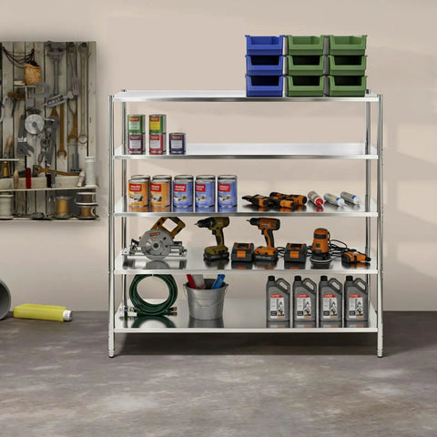 Five Tier Stainless Steel Shelving Rack With Heavy Duty Adjustable Storage Shelves organizing tools and supplies in a garage setup.