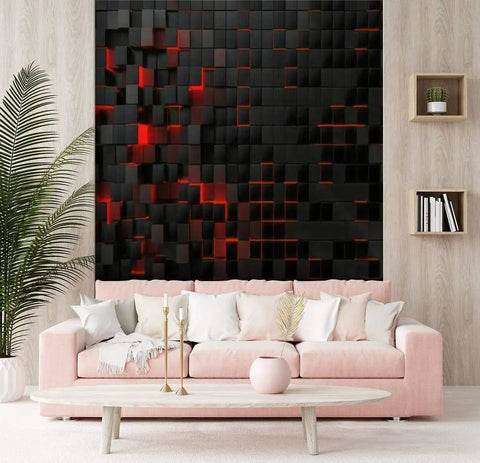 Dope Removable 3D Design Wallpaper For Bedroom And Living Room with black and red cube wall art behind a pink sofa
