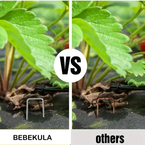 Comparison of BEBEKULA and other garden stakes securing weed barrier fabric with 100 Pack 6 Inch Garden Stakes Galvanized Landscape Staples