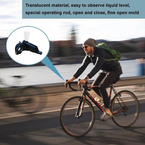 Cyclist riding with inset showing Hydraulic Mountain Bike Brake Bleed Kit with Mineral Oil Funnel Set, lightweight plastic, compact.