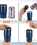 Hella Tough Navy Blue Four In One Insulated Stainless Steel Drink Koozie Fits 12 Oz Cans And Beer Bottles Transforms To Tumbler in use.
