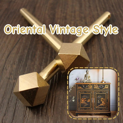 Premium Solid Brass Bolt Locking Pin Vintage Cabinet Door Latch showing two decorative brass pieces with hexagonal ends.