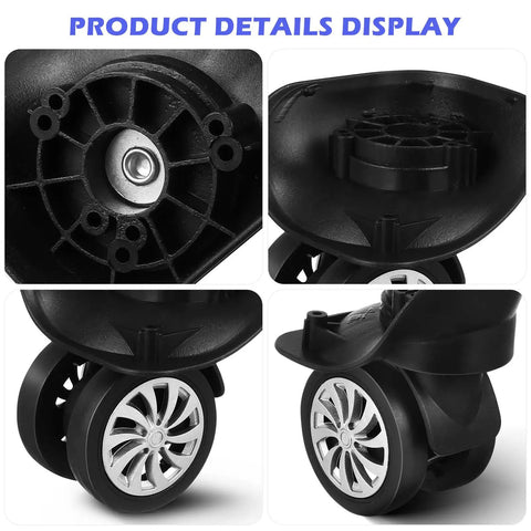 4 Piece Suitcase Wheels Replacement Kit Featuring Universal 360 Degree Swivel Casters For No Fuss Installation Smooth Glide Travel Bag And Premium Rolling Trolley Case Parts close-up of black plastic wheels with silver trim detailing.