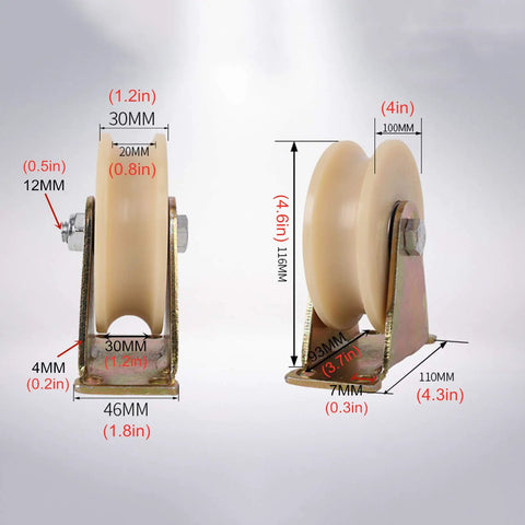 Heavy Duty U Channel Sliding Gate Rollers With Precision Nylon Bearings Rock Smooth Glide Build For Inverted Track Doors And Shop Equipment Built Tough For Hassle Free Sliding And Zero Vibration 4 Inch 2 Pack, showing precise measurements and durable build.