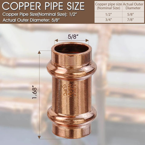 Zero Lead Copper Press Fittings One Half Inch Copper Coupling With Stop Five Eighths Inch Outer Diameter Twelve Pack PxP Press Fittings For Plumbing Use With Hydraulic Press Tool Durable Pure Copper Connectors, close-up on white background with dimensions labeled.