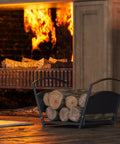 Foldable Fireplace Log Holder and Firewood Rack for Indoor Outdoor Use heavy-duty steel storing logs by a lit fireplace