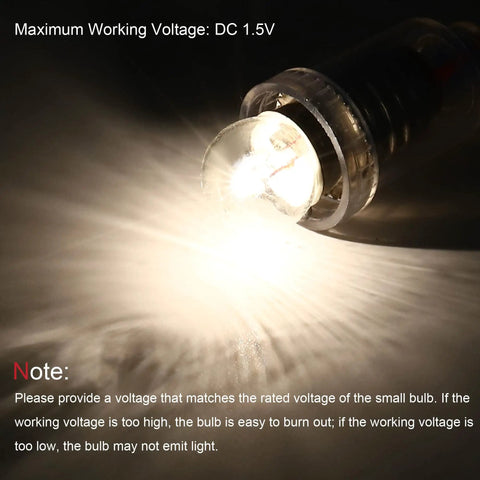 Close-up of Rock Solid E10 Screw Base Miniature Bulb shining, showcasing 1.5V warm yellow light for flashlights and experiments.