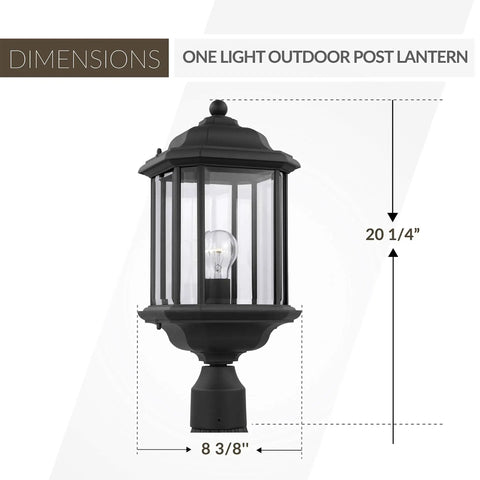 Kent One Light Outdoor Post Lantern With Slick Black Finish, 20.25 inch height, weatherproof, for wet locations, cETL listed