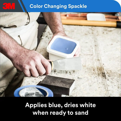 Color Changing Spackling Compound Kit With 3 Inch Putty Knife Blue When Wet And White When Dry 12 Oz in use on workbench