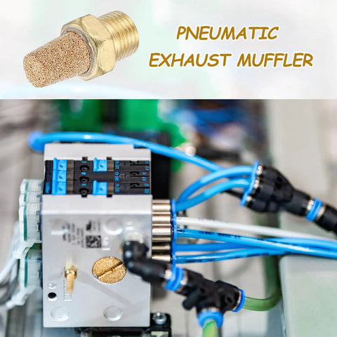 Pneumatic Exhaust Muffler Eight Piece Kit with 1/8 NPT brass fittings and sintered bronze for pneumatic tools and machinery noise reduction.