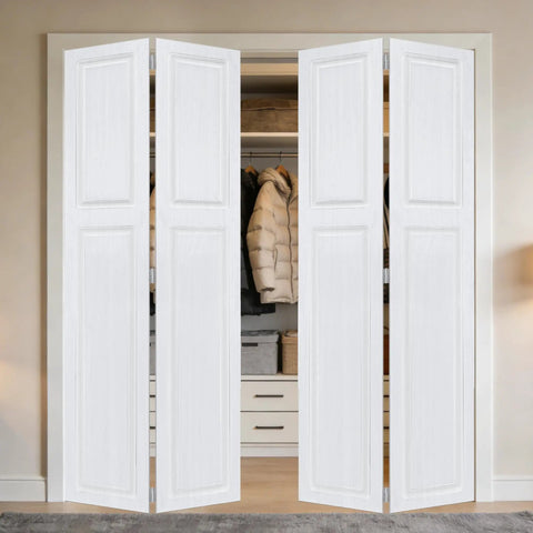 Fresh White Walnut Double Bi Fold Barn Door With Full Hardware Kit Set 96 By 80 Inches Solid Mdf Sliding Closet Doors featuring smooth glide in a closet.