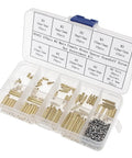 Rad M2 Brass Knurled Standoff Assortment Kit With Tough As Nails Round Spacers And Stainless Steel Screws And Nuts For Pro Tech Builds And Awesome 270Pc Diy Fixes in a clear storage case.