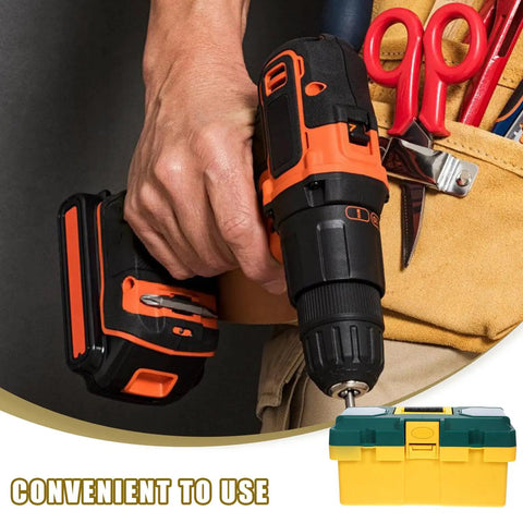 Heavy Duty Plastic Handheld Toolbox With Rugged Ergonomic Handle For Storing Hardware And Gear Making The Daily Grind Easy Around The Home Garage Or Job Site with tools in use