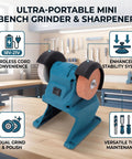 Beefed Up Mini Bench Grinder With Dual Grinding Wheels And Rock Steady Portable Cordless Frame Featuring Suction Grip Base For No Fuss Sharpening And Slick Shop Floor Work on wooden table.