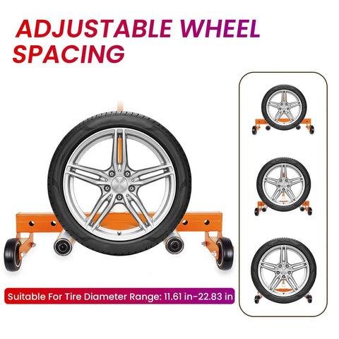 Heavy Duty Adjustable Wheel Dolly Built Tough As Nails For Rock Solid Steel Frame And Smooth Glide Up To 330 Pound Atv Or Truck Tires showing adjustable wheel spacing for tire diameters 11.61-22.83 inches.