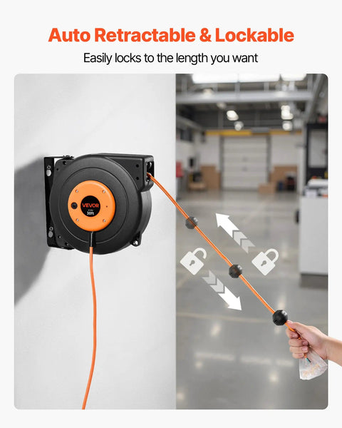 Heavy Duty 30 Ft Retractable Extension Cord Reel With Automatic Rewind And Triple Grounded Sockets showing auto retractable feature.