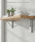 Foldable Shelf Brackets for Wall Mount, Stainless Steel, with books and plants on wooden shelf, space-saving design