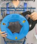 Worker holding blue wire puller with handle, labeled for flexibility and hardness, Beefy Steel Wire Puller Tape 200 Foot Long.