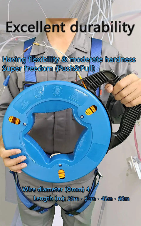 Worker holding blue wire puller with handle, labeled for flexibility and hardness, Beefy Steel Wire Puller Tape 200 Foot Long.