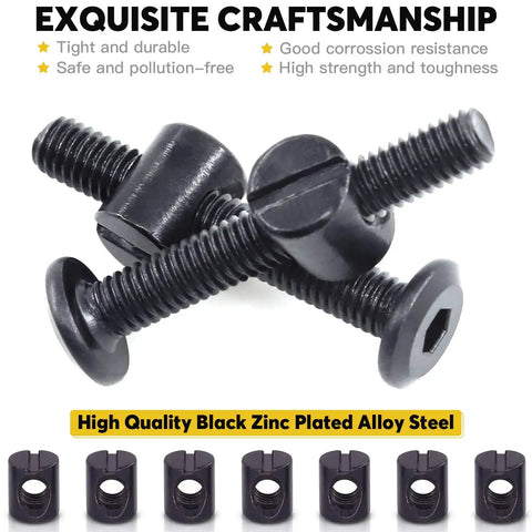 Fifty Piece M6 X Forty Millimeter Black Zinc Plated Hex Socket Crib Bolts With Matching Barrel Nuts And Hex Key For Rock Solid Furniture And Bed Frame Setup close-up of black hex socket bolts and barrel nuts