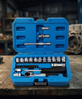 Heavy Duty 29 Piece Metric Socket And Ratchet Set With Through Hole Design And 72 Tooth Quick Reverse Ratchet in blue case on workbench.