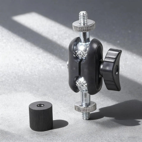 Premium Aluminum Alloy Miniature Ball Head With 1/4 Inch Female To Female Connector Offering 360 Degree Rotation And Super Smooth Swivel, shown from side view.