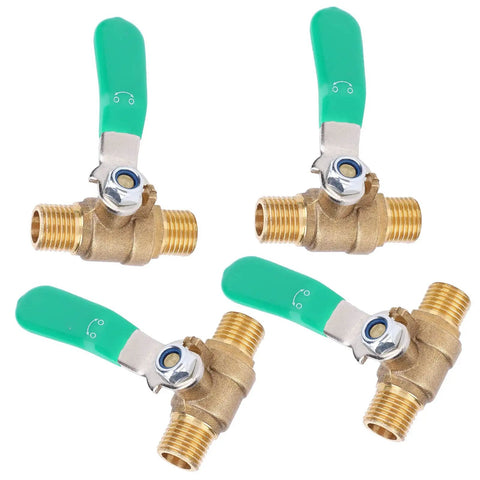 Straight Shooter 1/4 Inch Brass Ball Valve Four Pack with green handles for hot and cold water plumbing setup.