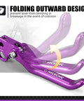 Foldable Front And Rear Brake Levers For Surron Light Bee X S L1E And Segway X160 X260 6061 Aluminum CNC Adjustable Clutch Levers With Durable Fold Design In Purple Finish showing folding mechanism.