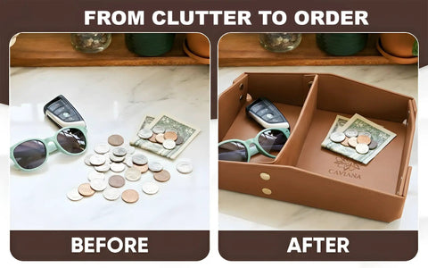EDC Valet Tray Organizer in Saddle Tan with PU leather divider holding sunglasses, coins, keys, and money on a tidy desk