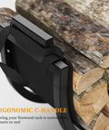 24 Inch Indoor Firewood Rack With Carrier, ergonomic handles for easy transport shown with wood logs in black holder