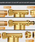 Top Notch 40 Micron Brass Inline Sediment Filter showing 1/2-inch FNPT and 3/4-inch GHT connections and brass fittings.