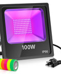 Super Bright UV Black Light 100W Flood Light With 10ft Power Cord IP66 Ultraviolet Stage Lighting For Halloween Parties DJ Club Neon Posters Glow In The Dark, showing its purple light and plug