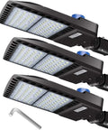 Heavy Duty 200W Led Parking Lot Lights 3 Pack With Dusk To Dawn Photocell Sensor and Slip Fitter Base seen from the front.