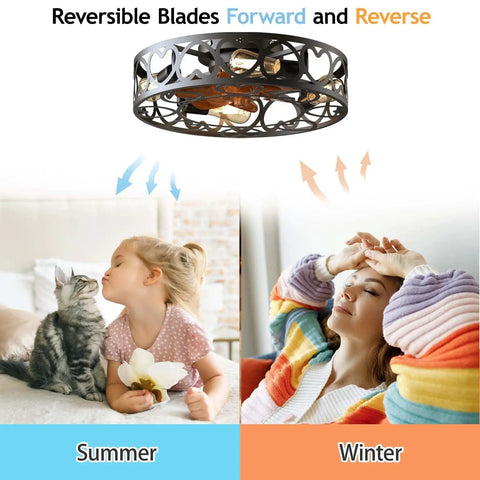 Low Profile Caged Ceiling Fan With Lights And Remote Control, showing reversible blades for summer and winter use, modern style.
