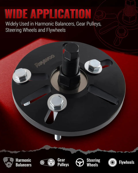 One Stop Pro Grade Harmonic Balancer Puller And Installer Tool Set for Flywheel and Crankshaft Pulley Removal with bolts visible