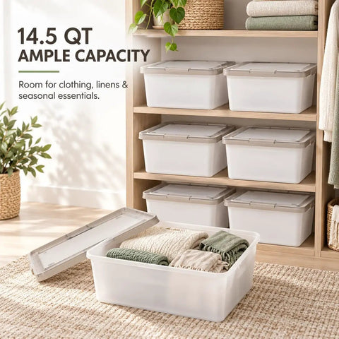 Crushing Clutter Game Changer Heavy Duty Plastic Storage Totes With Secure Snap On Lids 6 Pack, 14.5 QT bins for organizing linens.