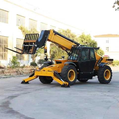 Workhorse Industrial Telescopic Handler Featuring Slick Hydraulic Forklift And Quick Attach Loader Reach Boom in action outdoors.