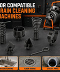 Badass Seven Piece Drain Cleaning Cutter Head Kit Featuring Thick Steel Coils And Notched Cutters Built To Crush Stubborn Clogs on displayed tools.