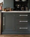Kitchen cabinets with 20 Pack Brushed Nickel Cabinet Pulls With 3 Inch Hole Centers Straight Bar Handles, satin finish installed.