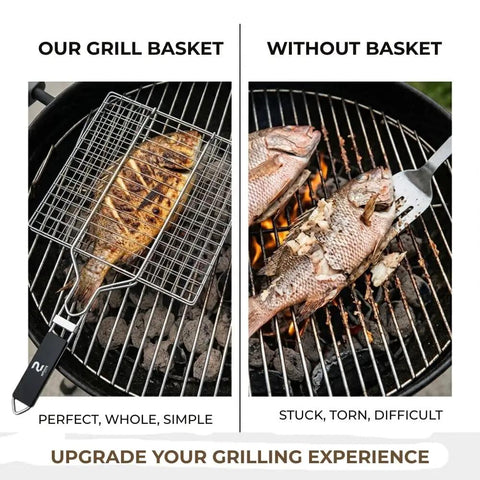 Outdoor Grill Basket For Fish, Shrimp, Veggies And Meat with stainless steel lockable design used for grilling whole fish.