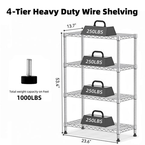 Rock Solid Heavy Duty 4 Tier Steel Wire Storage Rack With Durable Chrome Finish Adjustable Height Shelving Unit For Garage Kitchen Or Office Organization 1000 Lb Capacity with dimensions and weight support.