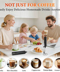 Family at table with Rechargeable Handheld Milk Frother With 3 Speeds And 3 Stainless Whisks For Coffee, Matcha, Lattes, Cappuccino.
