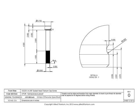 Top Shelf Two Pack Grade Five Titanium Socket Head Cap Screws One Half Twenty By Four Inch UNF Fasteners detailed technical drawing.