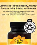 Country Life bottle made from recycled PET plastic with sustainability message and 100% post-consumer recycled label.