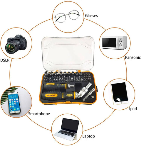 Ratcheting Screwdriver And Socket Set With Precision Bit Kit Rotatable Ratchet Handles And Storage Case Ultimate Diy Household Repair Kit For Bikes Watches Glasses And Phones in a plastic case with various tools arranged.