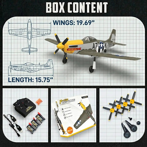 Box contents showing Powerful Brushless RC Plane For Adults With 4 Channel P51D Mustang RC Airplane 500mm Wingspan Warbird.