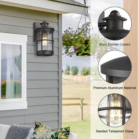 Outdoor Wall Sconce Lighting Fixture Finished In Black With Seeded Glass Set Of 2 for exterior walls, porch, and patio use